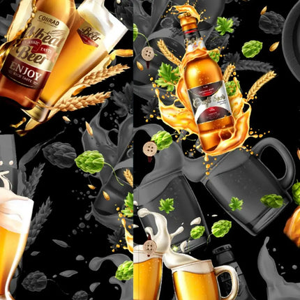 Doppelansicht-Print: Bierflasche und Bierkrug-Motive sowie Dose und Blätter auf Schwarz
