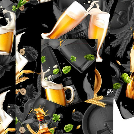Printausschnitt: zwei Biergläser mit Schaum, Krug- und Topf-Grafik auf Schwarz
