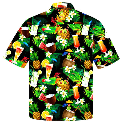 Hemd mit tropischem Cocktail-Print in Schwarz-Grün, kurzer Ärmel, aufgelegter Kragen.
