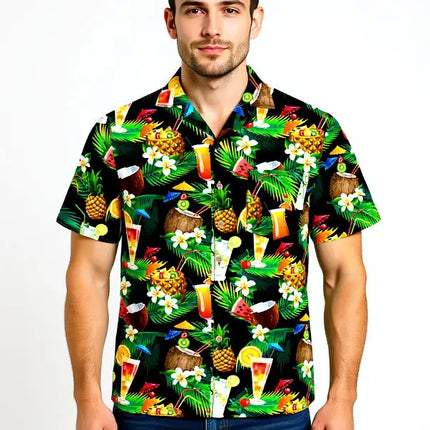 Hawaiihemd für Herren mit buntem Cocktail-, Palme- und Blütenmuster, kurzärmelig