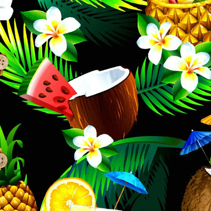 Nahaufnahme vom Hemdmuster: Kokosnuss, Wassermelone, Blumen und Palmenblätter.