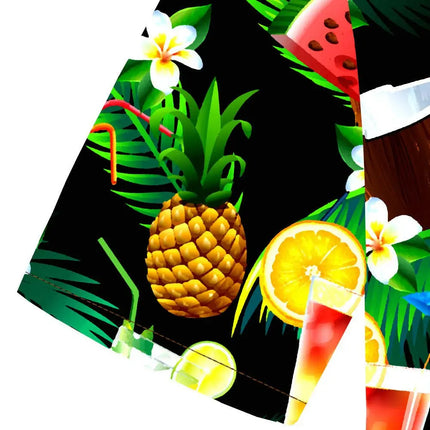 Hemdsaum mit Muster aus Palmenblättern, Ananas, Cocktails, Kiwi und Blumen.