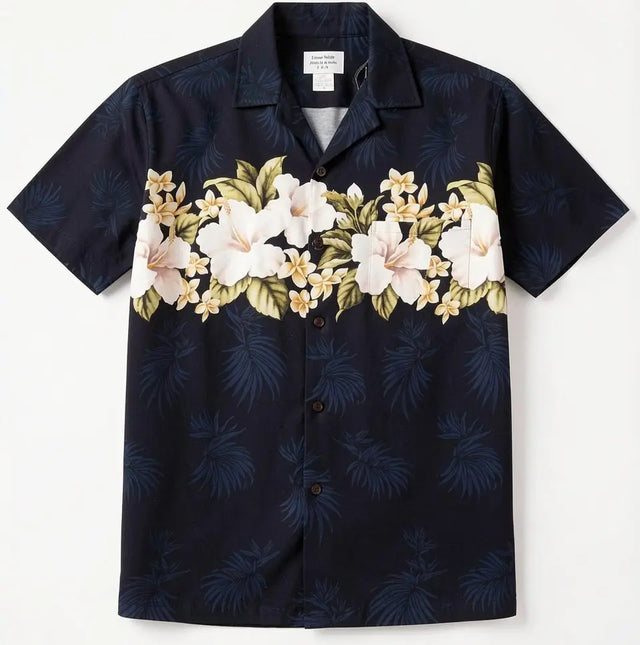 Hawaiihemd mit dunkelblauem Blattmuster und großem Blumenprint vorn