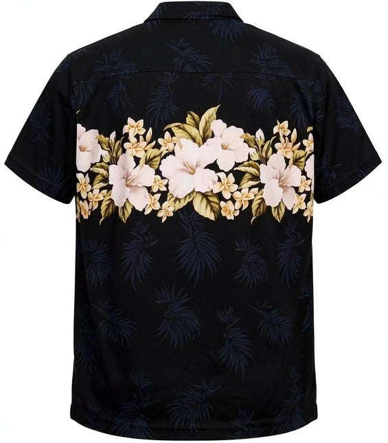 Hawaiihemd mit dunkelblauem Blattmuster und Blumenprint hinten