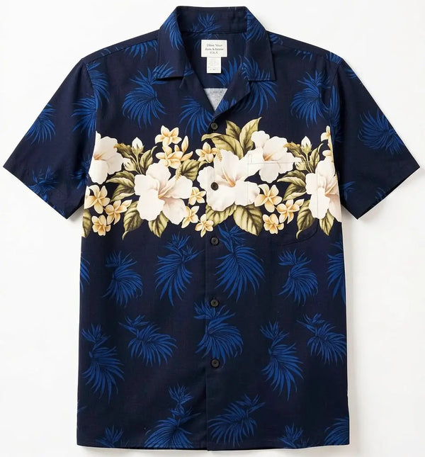 Herrenhemd mit kurzen Ärmeln, dunkles Blau, Blumen- und Palmenmuster