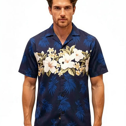 Hawaiihemd für Herren, dunkles Blau mit Palmen- und Blumenmuster, kurze Ärmel