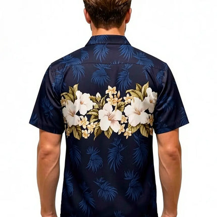 Hawaiihemd für Herren, Rückansicht: dunkles Blau mit Palmen- und Blumenmuster