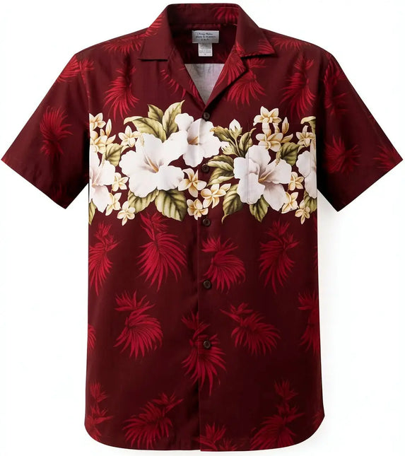 Rotes Hawaiihemd mit kurzen Ärmeln: Palmenblätter und weiße Blüten