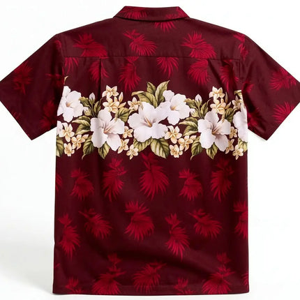 Rückseite rotes Hawaiihemd mit kurzen Ärmeln, Palmenmuster und weißen Blumen