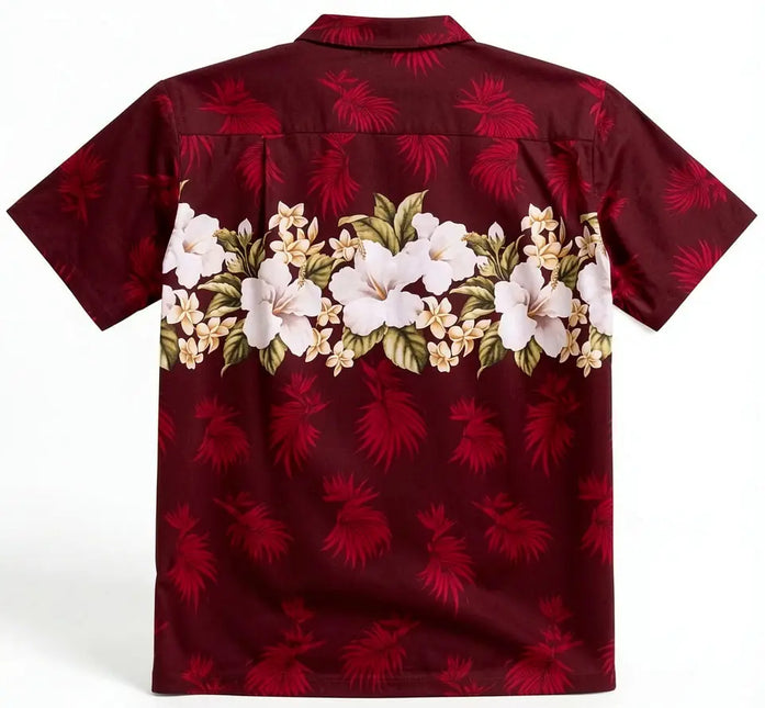 Rückseite rotes Hawaiihemd mit kurzen Ärmeln, Palmenmuster und weißen Blumen