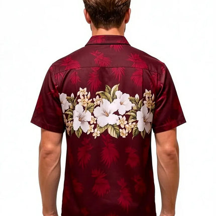 Rotes Hawaiihemd Rückansicht mit kurzen Ärmeln, Palmenblätter und weiße Blüten