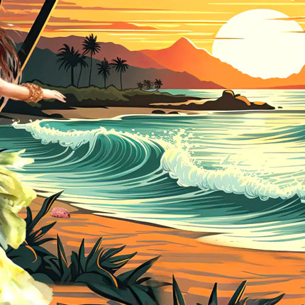Detalle del estampado de la camisa: olas del mar, palmeras y paisaje con tonos de atardecer