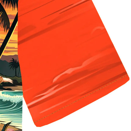 Detalle de la camisa: zona de tela naranja con costura lateral y borde del estampado visible