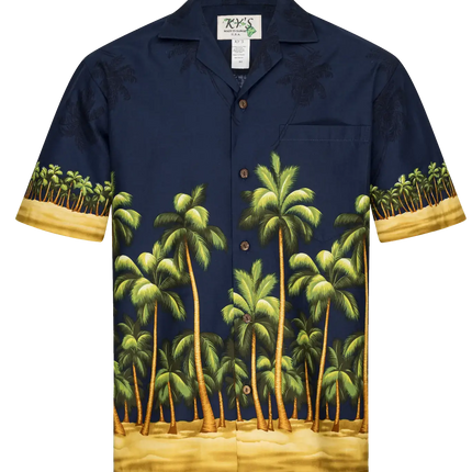 Hawaihemd mit Palmen-Print, dunkelblau-gelber Knopfleiste und kurzen Ärmeln