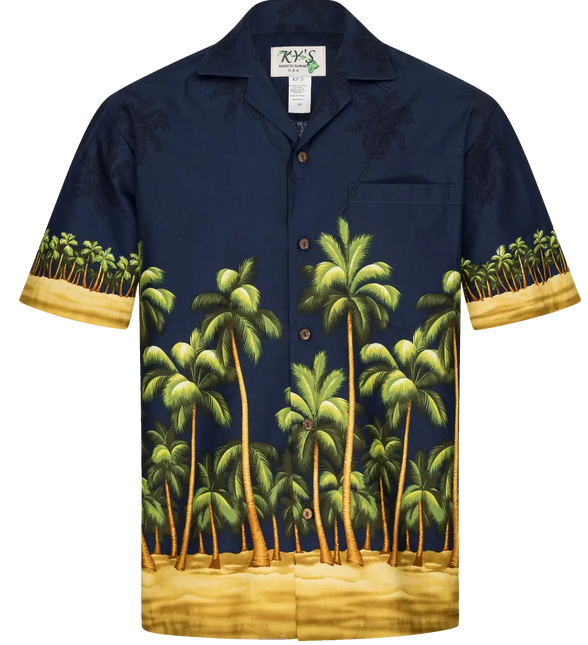 Hawaihemd mit Palmen-Print, dunkelblau-gelber Knopfleiste und kurzen Ärmeln