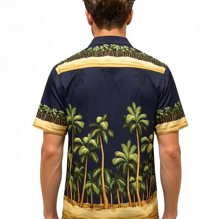 Männer-Hawaihemd hinten: Palmenmotiv mit gelbem Streifen am Kragen