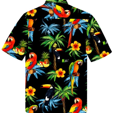 Camicia a maniche corte con colletto, motivo di pappagalli e fiori su fondo scuro, bottoni nascosti
