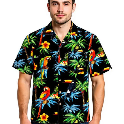 Camicia hawaiana a maniche corte con motivo di pappagalli e soggetti tropicali su fondo scuro, abbottonatura