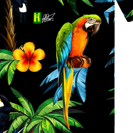 Camicia a maniche corte con motivo di pappagalli, palme e fiori tropicali su fondo scuro