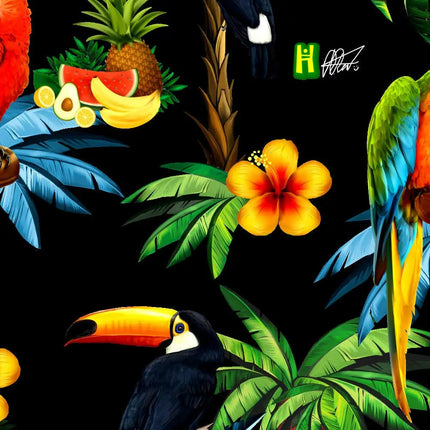 Camicia a maniche corte con motivi di pappagalli, ananas e palme su fondo scuro