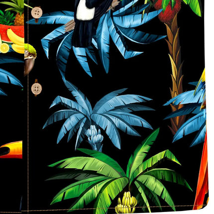 Camicia a maniche corte con motivo tropicale e foglie di palma su fondo scuro