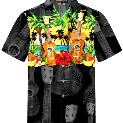 Camisa hawaiana para hombre con fondo negro y estampado colorido de ukeleles, manga corta y botonadura