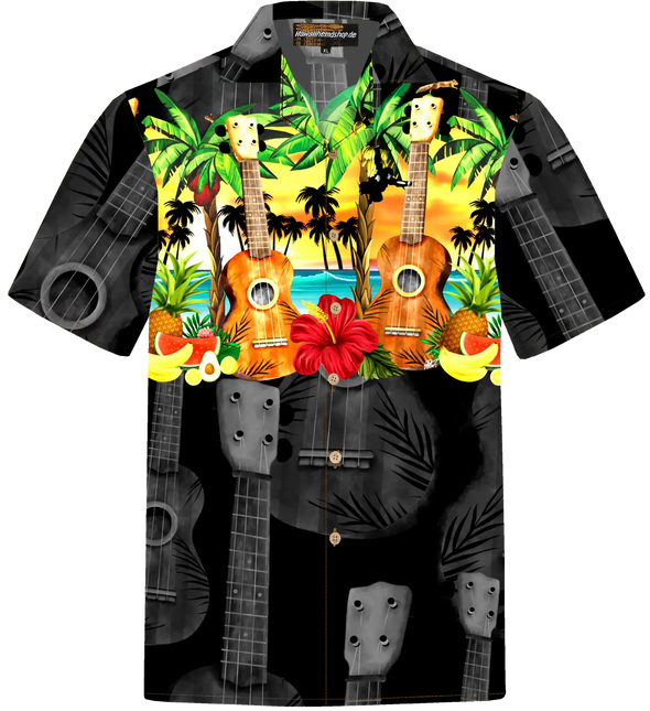 Herren-Hawaiihemd mit schwarzem Grund und buntem Ukulelen-Print, kurzer Ärmel, Knopfleiste