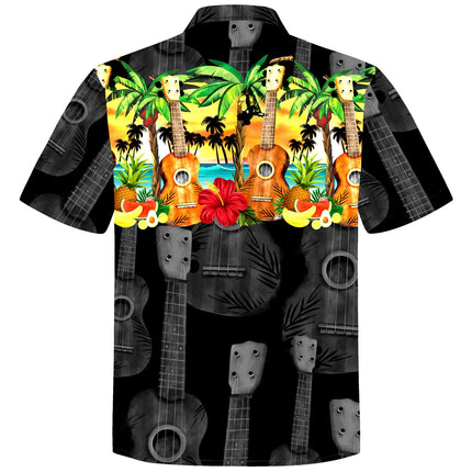 Vista frontal de camisa hawaiana para hombre: estampado de ukeleles de gran tamaño con palmeras y flores