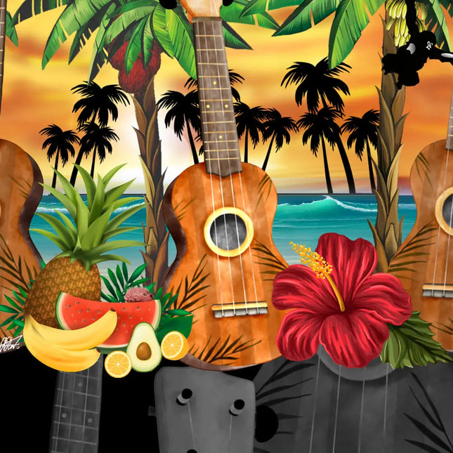 Hawaiihemd-Detail: braune Ukulele mit Blume vor tropischem Hintergrund