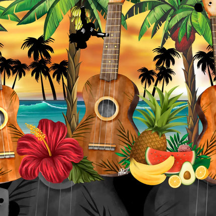 Detalle de camisa hawaiana: motivo de ukeleles con hibiscos, plátanos y palmeras