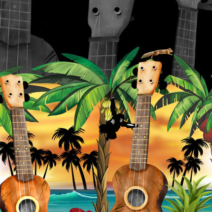 Detalle de camisa hawaiana: varios ukeleles sobre un estampado tropical con hojas de palmera