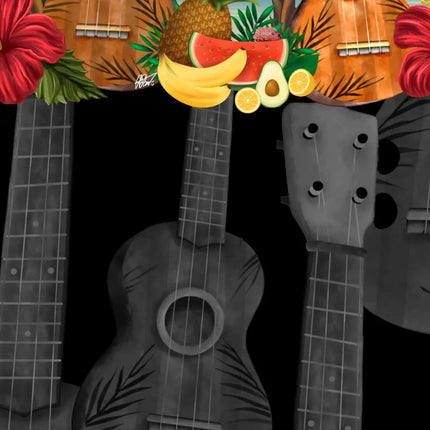 Detalle de camisa hawaiana: clavijeros y cuerdas de ukeleles sobre tela negra
