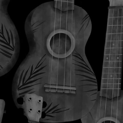 Detalle de camisa hawaiana: ukelele central con boca redonda y estampado de hojas