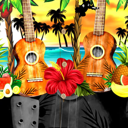 Detalle de camisa hawaiana: varios ukeleles y una flor de hibisco sobre un fondo tropical