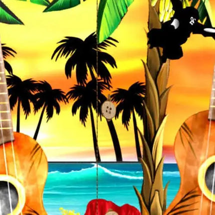 Detalle de camisa hawaiana: palmeras y mar, con parte de un ukelele en primer plano