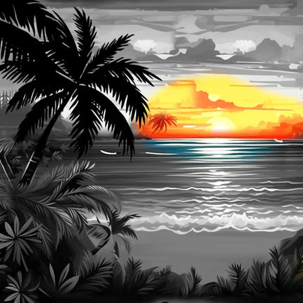 Hemdstoff-Detail: Palmen am Meer, stimmiger Sonnenuntergang in Gelb-Orange vor Grau