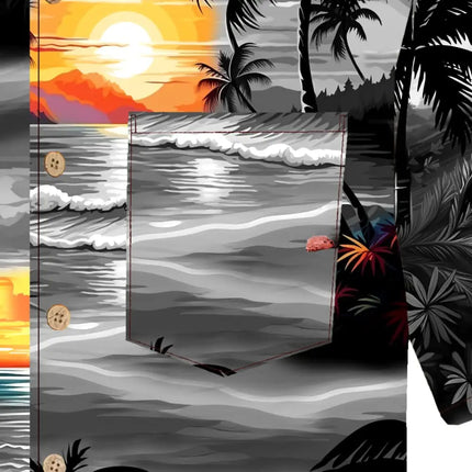 Hemdstoff-Detail mit Meer, Wellen und Palmen, Sunset-Farben in Grau und Orange