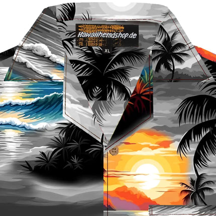 Hemdstoff-Detail mit Palmen und Sonnenuntergang in Schwarz-Grau sowie Orange-Gelb