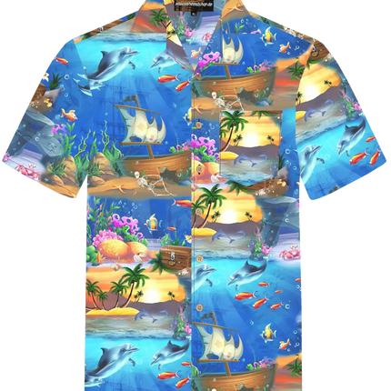 Hawaiihemd mit kurzen Ärmeln, gestapelter Unterwasser-Comicprint mit Delfinen und Booten