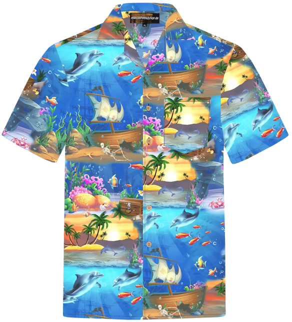Hawaiihemd mit kurzen Ärmeln, gestapelter Unterwasser-Comicprint mit Delfinen und Booten