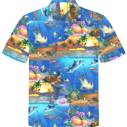 Hawaiihemd mit kurzen Ärmeln, offenes Kragen-Design, farbiger Unterwasser-Comicprint