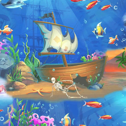 Hawaiihemd-Musterdetail: Holzboot mit Segel, Fische im blauen Wasser