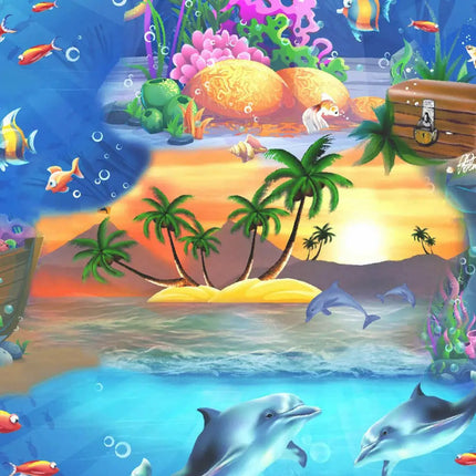 Hawaiihemd-Musterdetail: Palmen, Meerwellen, Delfine und Fische im bunten Print
