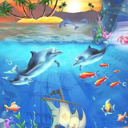 Hawaiihemd-Musterdetail: Delfine im blauen Meer, Fische und Korallen