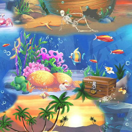 Hawaiihemd-Musterdetail: Unterwasserlandschaft mit Fischen, Korallen und Schatzkiste