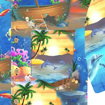 Hawaiihemd-Musterdetail: Boot mit Skelettfigur, Korallen und Fische in buntem Print
