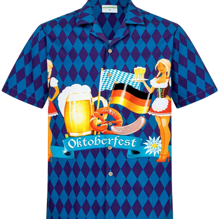 Herrenhemd mit blauem Rautenmuster und großer Oktoberfest-Grafik, Knopfleiste, Kurzarm