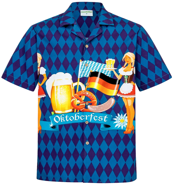 Herrenhemd mit blauem Rautenmuster und großer Oktoberfest-Grafik, Knopfleiste, Kurzarm