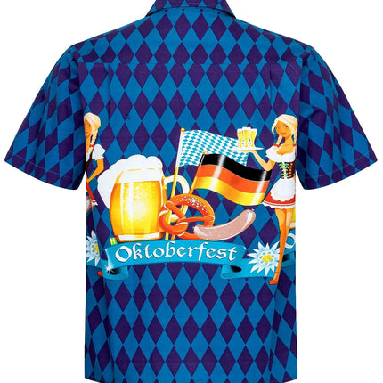 Herrenhemd mit blauem Rautenmuster und buntem Oktoberfest-Print, Kurzarm, Kragen