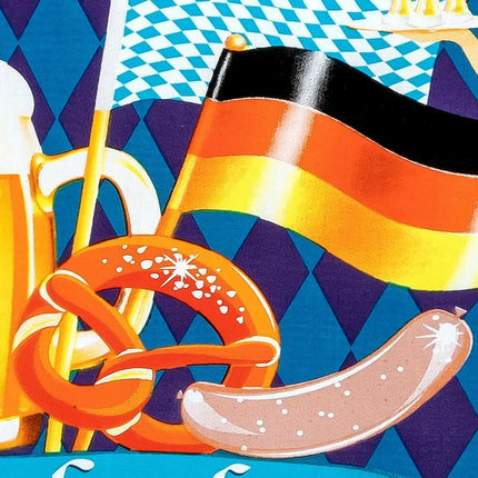 Detail vom Oktoberfest-Motiv: Fahne, Bierkrug und Rautenmuster auf blauem Stoff